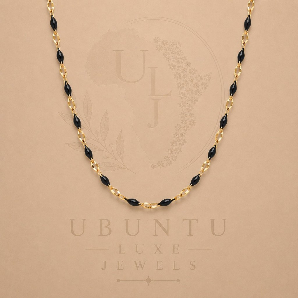 Black Enamel Bead Chain Necklace — Gold