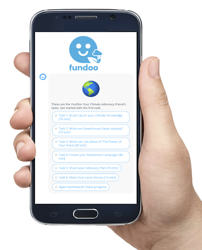 FunDoo GREEN-Pal chatbot interface showing climate advocacy tasks on a smartphone