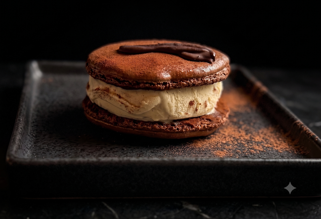 Chocolate macaron ice cream sandwich with Madagascar vanilla ice cream