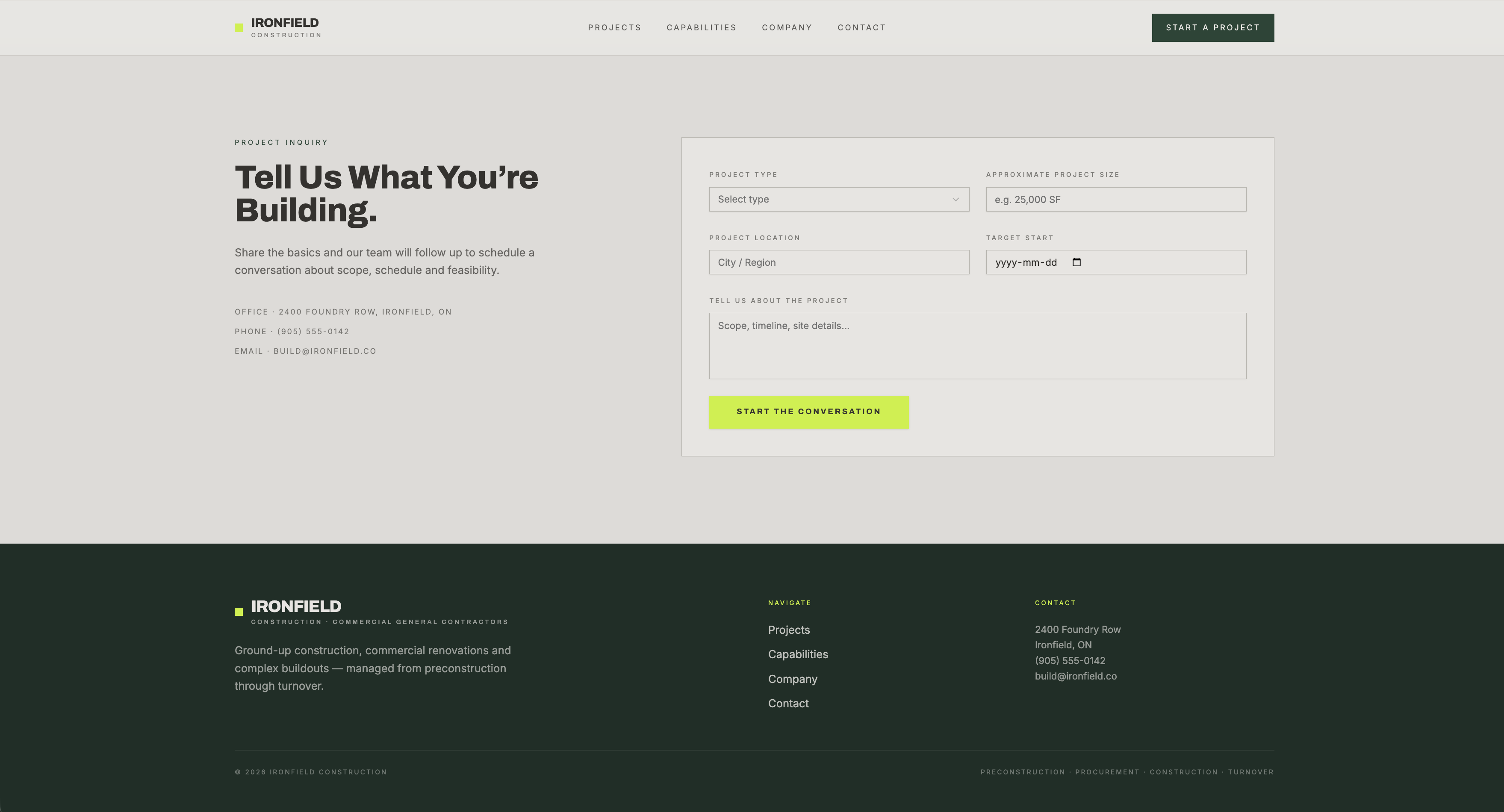 Ironfield Construction — project inquiry