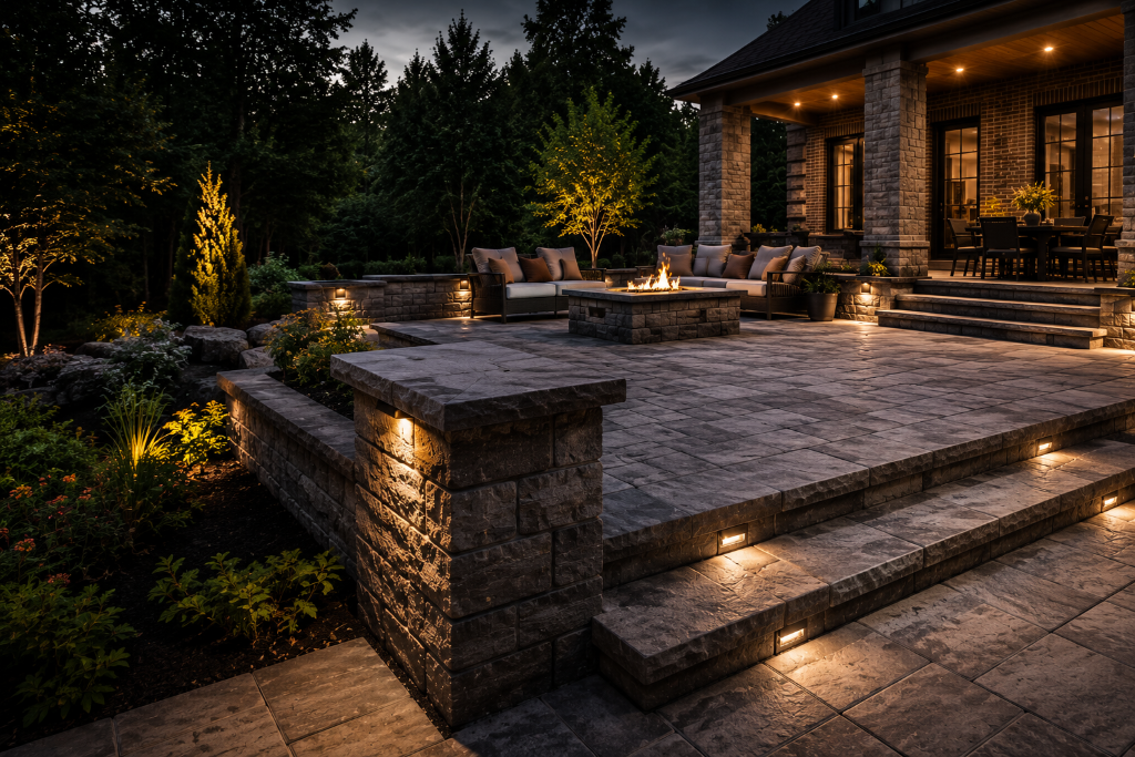 Premium masonry patio and stone work at night