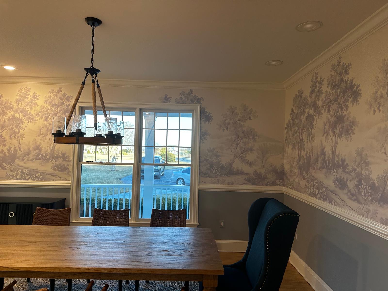 Scenic toile mural wallpaper in a dining room