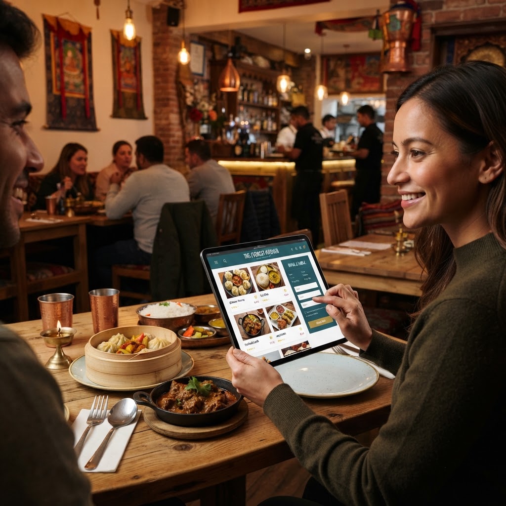 Modern Nepal restaurant interior with a professional restaurant website and digital menu visible on a tablet