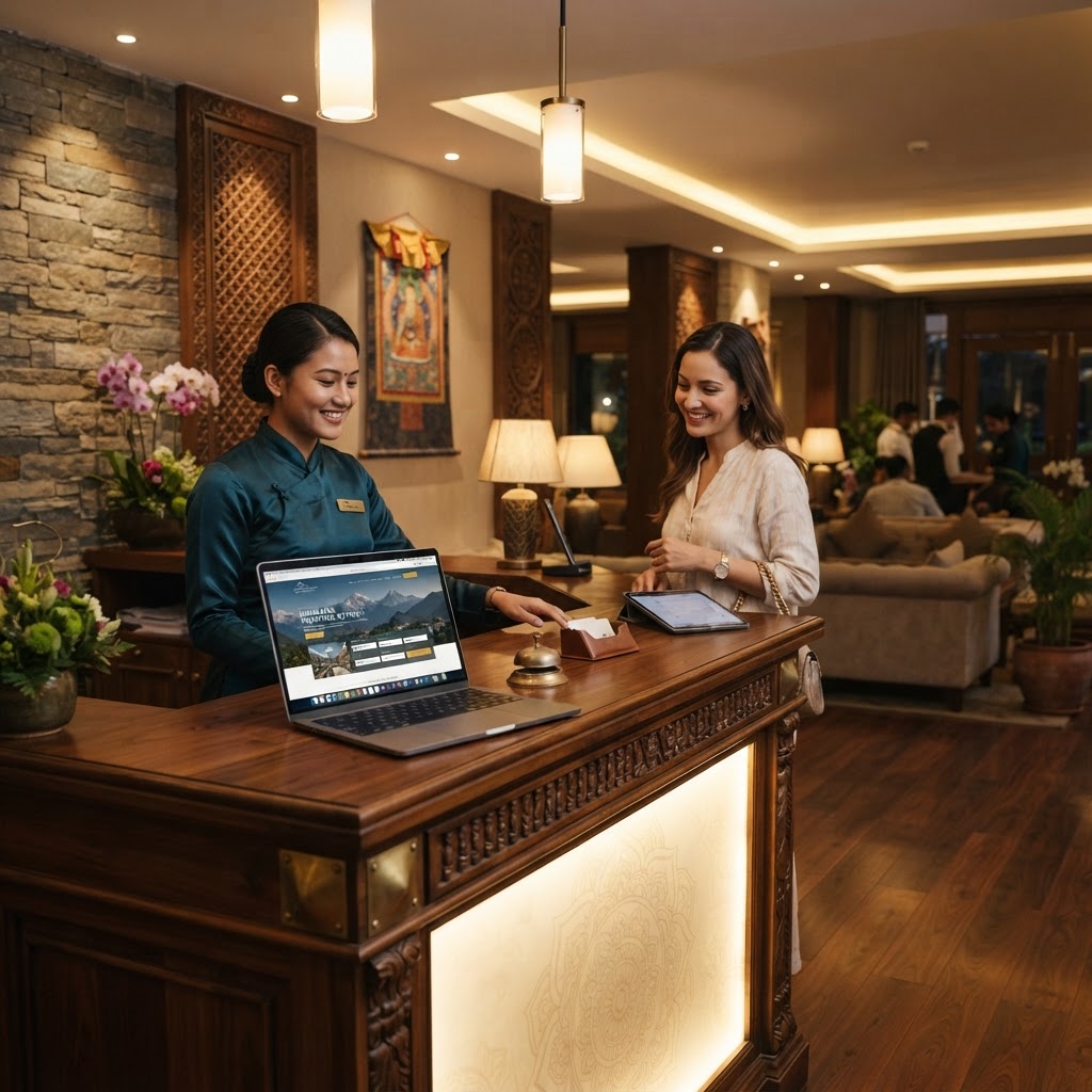 Luxury Nepal hotel reception with a professional hotel booking website visible on a laptop