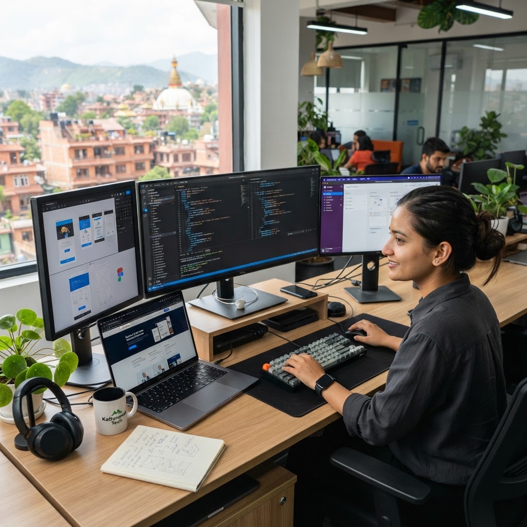 Professional website development team working in a modern office in Kathmandu, Nepal