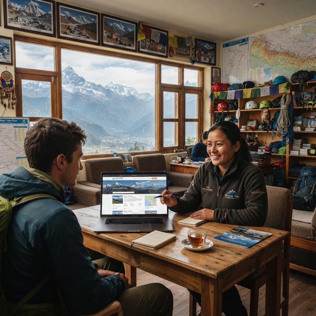Professional trekking company office in Nepal with a trekking website visible on a laptop