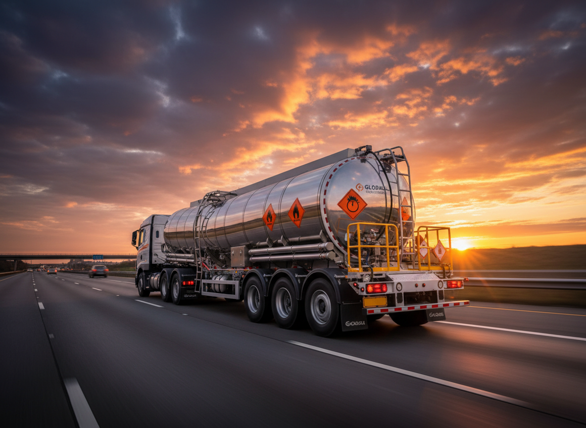 Hazmat tanker truck with safety placards