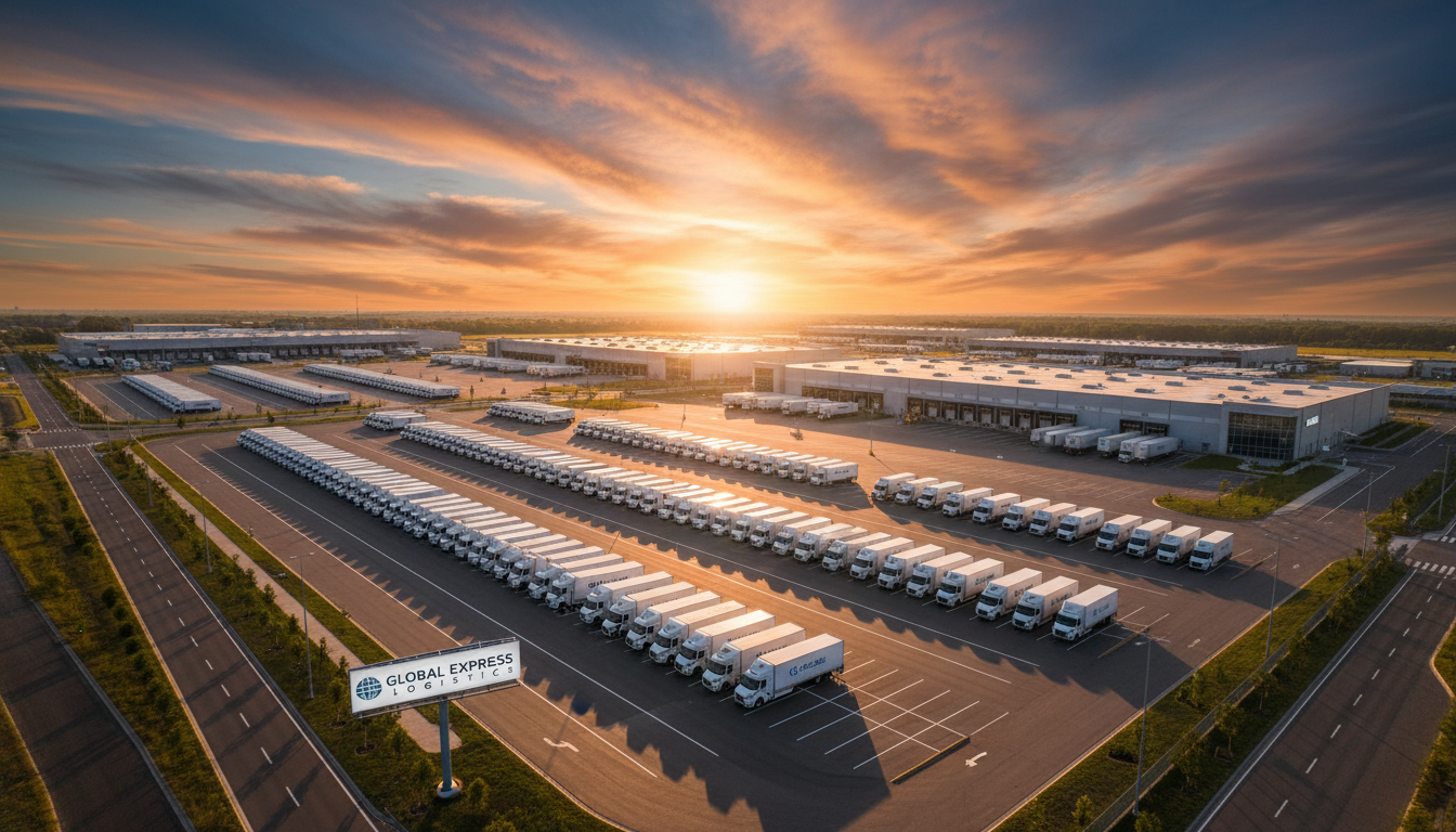 Fleet of commercial trucks at a logistics hub at golden hour