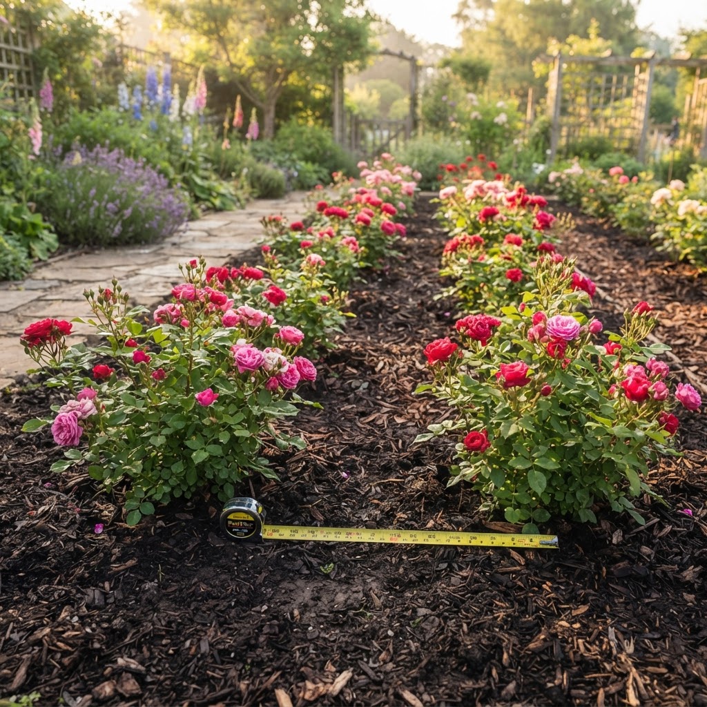 Rose bushes planted at generous intervals in a mulched garden bed, with morning sunlight and a measuring tape laid across the soil between two plants