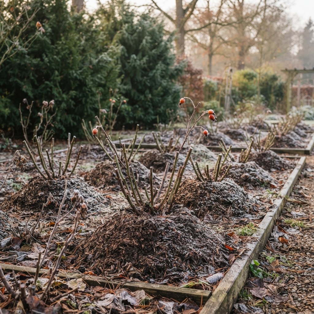 Rose bed prepped for winter with cut-back canes mounded in soil and mulch cones under soft morning light