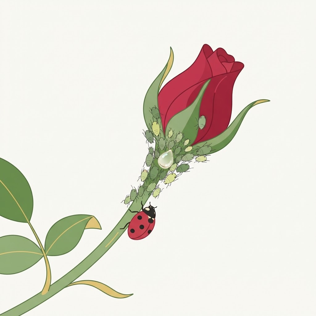 Illustration of aphids clustered on a rose bud with a ladybug approaching