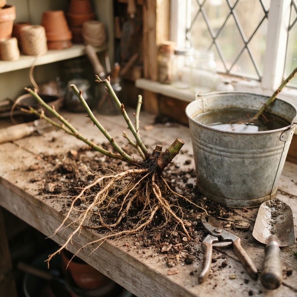 A dormant bare root rose with bare roots resting beside a bucket of water on a potting bench, ready for soaking and planting