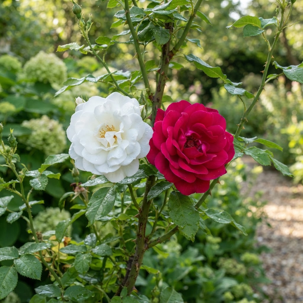 Photo of a rose bush with one pure white bloom and one deep pink bloom growing on adjacent canes