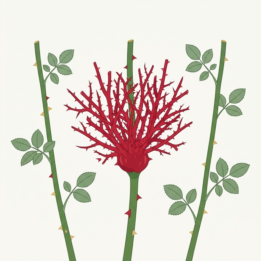 Illustration of a dense red thorny witch’s broom shoot growing from a rose cane