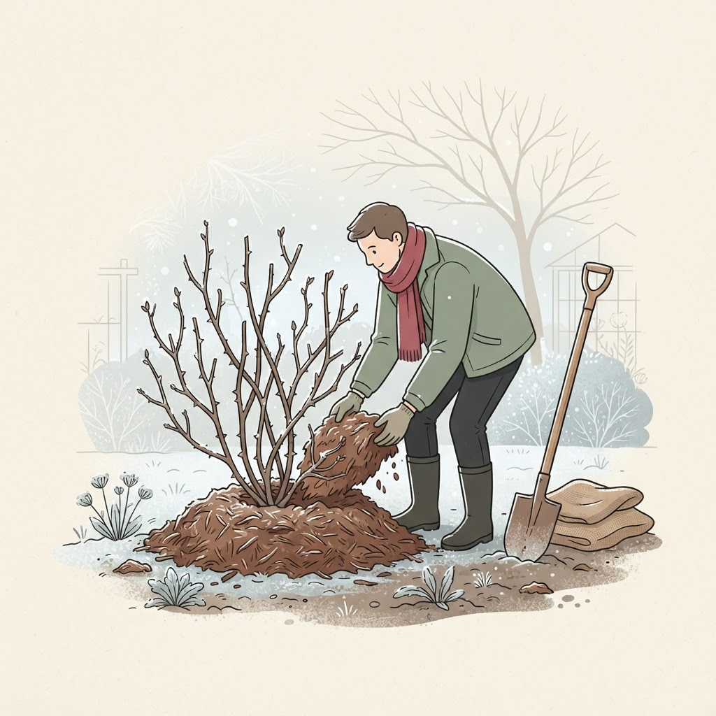 Illustration of a gardener mounding mulch around a dormant pruned rose on a frosty morning