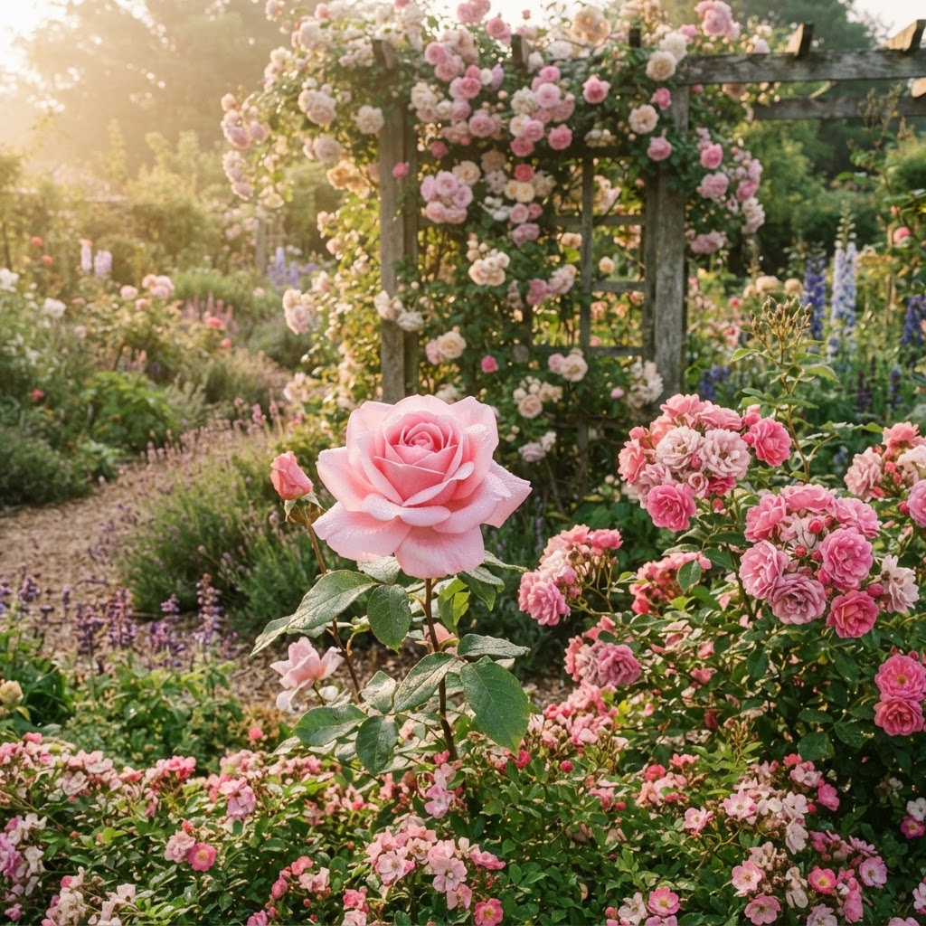 A garden scene showing different types of roses, with a pink hybrid tea bloom in the foreground, floribunda clusters, a climbing rose on a trellis and groundcover roses below