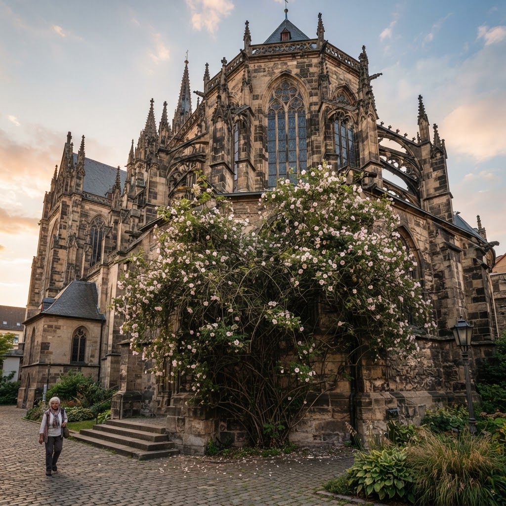 Photo of a sprawling wild dog rose with pale pink single blooms climbing the weathered stone apse wall of an old German cathedral