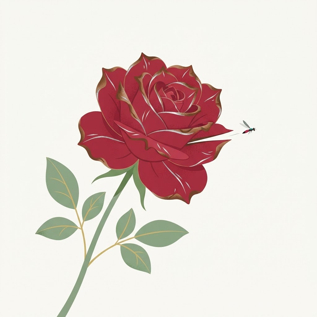 Illustration of a rose bloom with brown-scorched petal edges and a thrip darting out