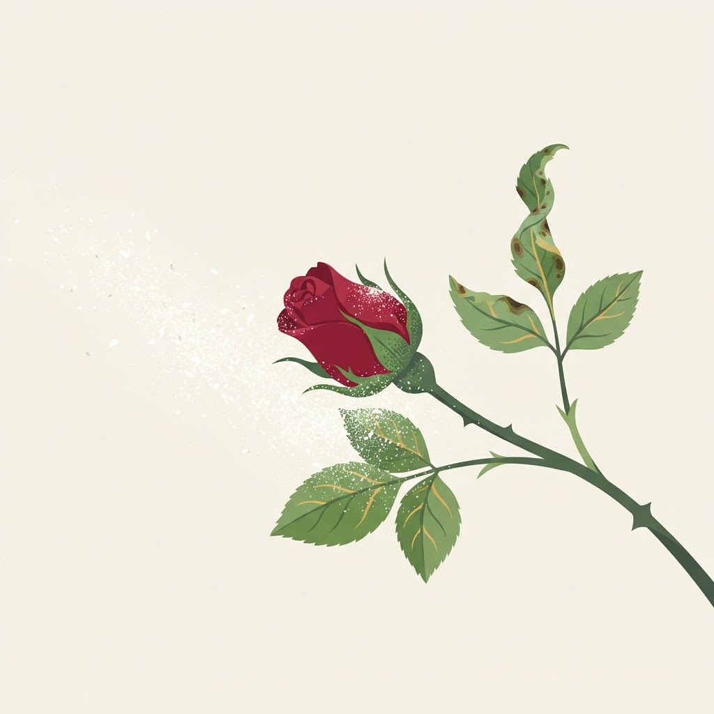 Illustration of a rose bud dusted with white powdery mildew