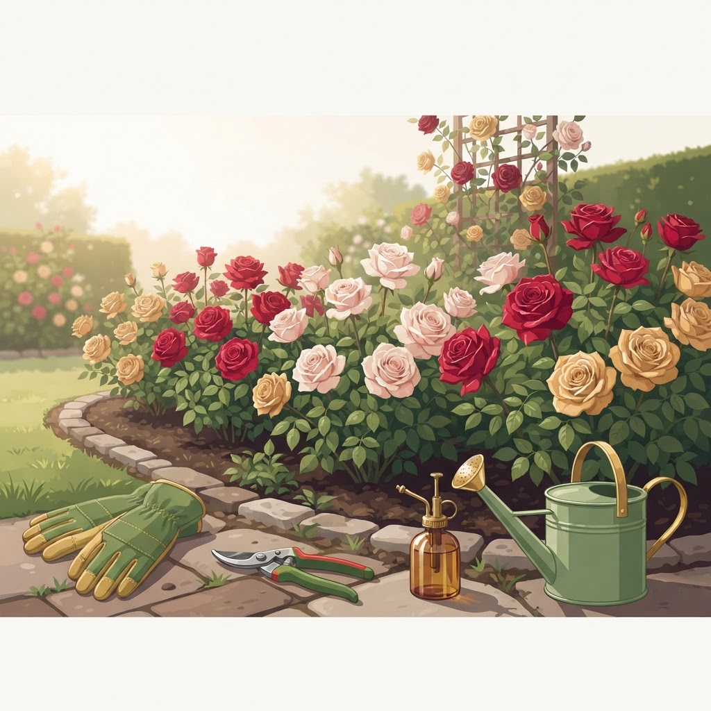 A garden bed of blooming roses with pruners, a watering can, and a spray bottle