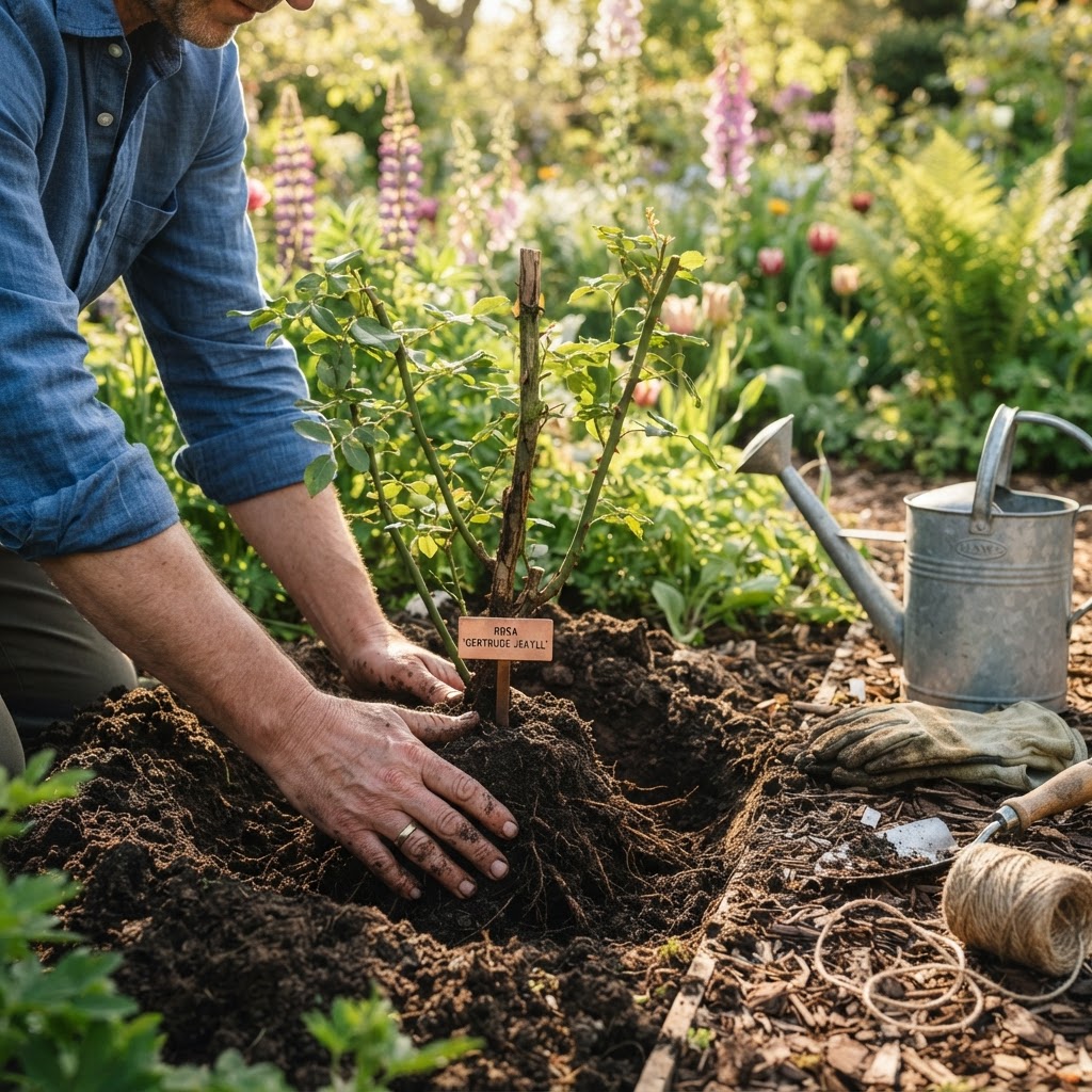 Gardener's hands planting a bare root rose bush into rich dark garden soil in a sunny spring garden bed, with a watering can and garden gloves nearby