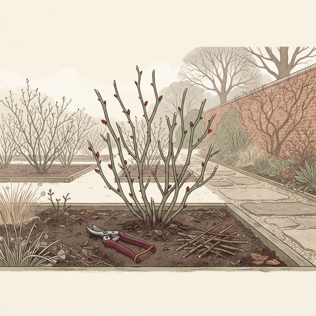 Illustration of a Southern rose garden in gentle winter light with pruning shears beside a freshly pruned bush