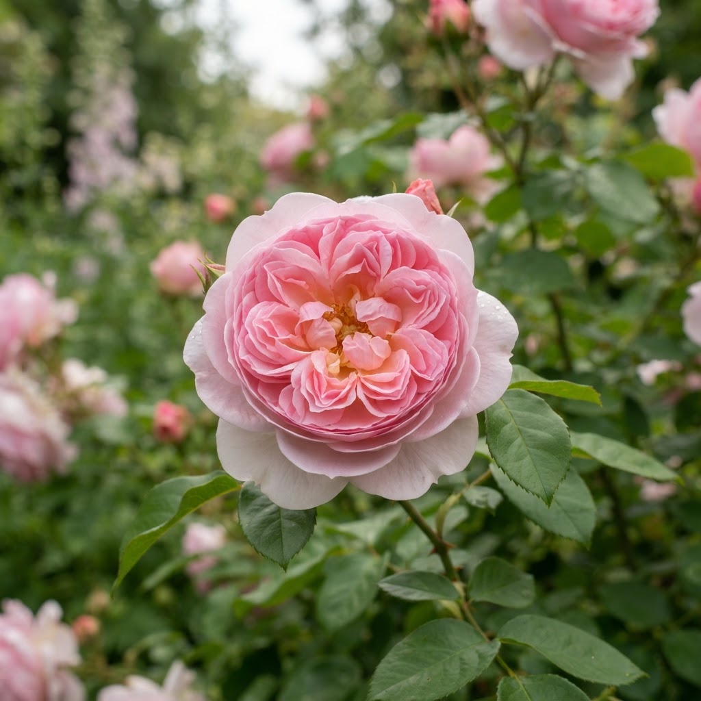 Photo of The Ancient Mariner rose, a David Austin English shrub rose with large, deeply cupped soft pink blooms on dark green foliage