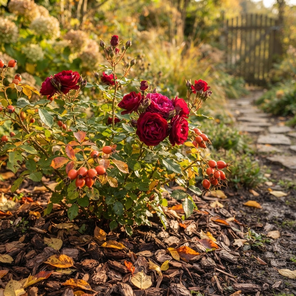 Photo of a rose bush with deep red blooms and orange rose hips, fallen autumn leaves and fresh wood-chip mulch at its base in warm golden light