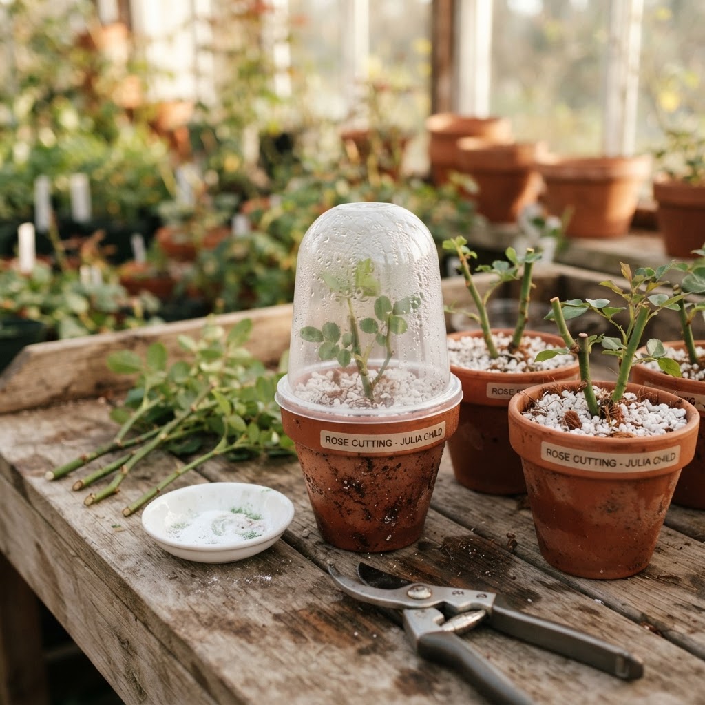 Rose stem cuttings planted in small terracotta pots of perlite and coco coir on a potting bench, with pruners, rooting hormone, and a clear humidity dome