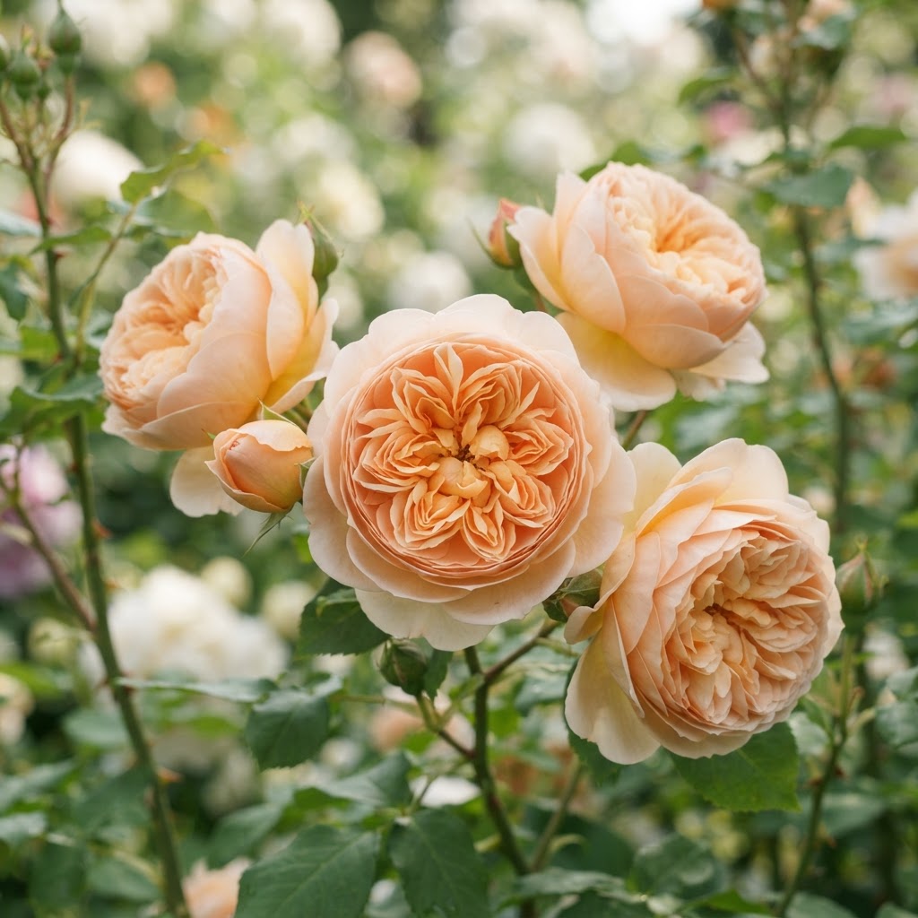 Photo of Juliet English rose blooms, soft peachy-apricot cupped rosettes with layered petals, against a cream background