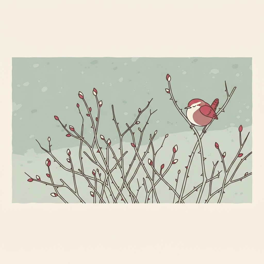 Illustration of bare dormant rose canes with swelling buds against a mild winter sky