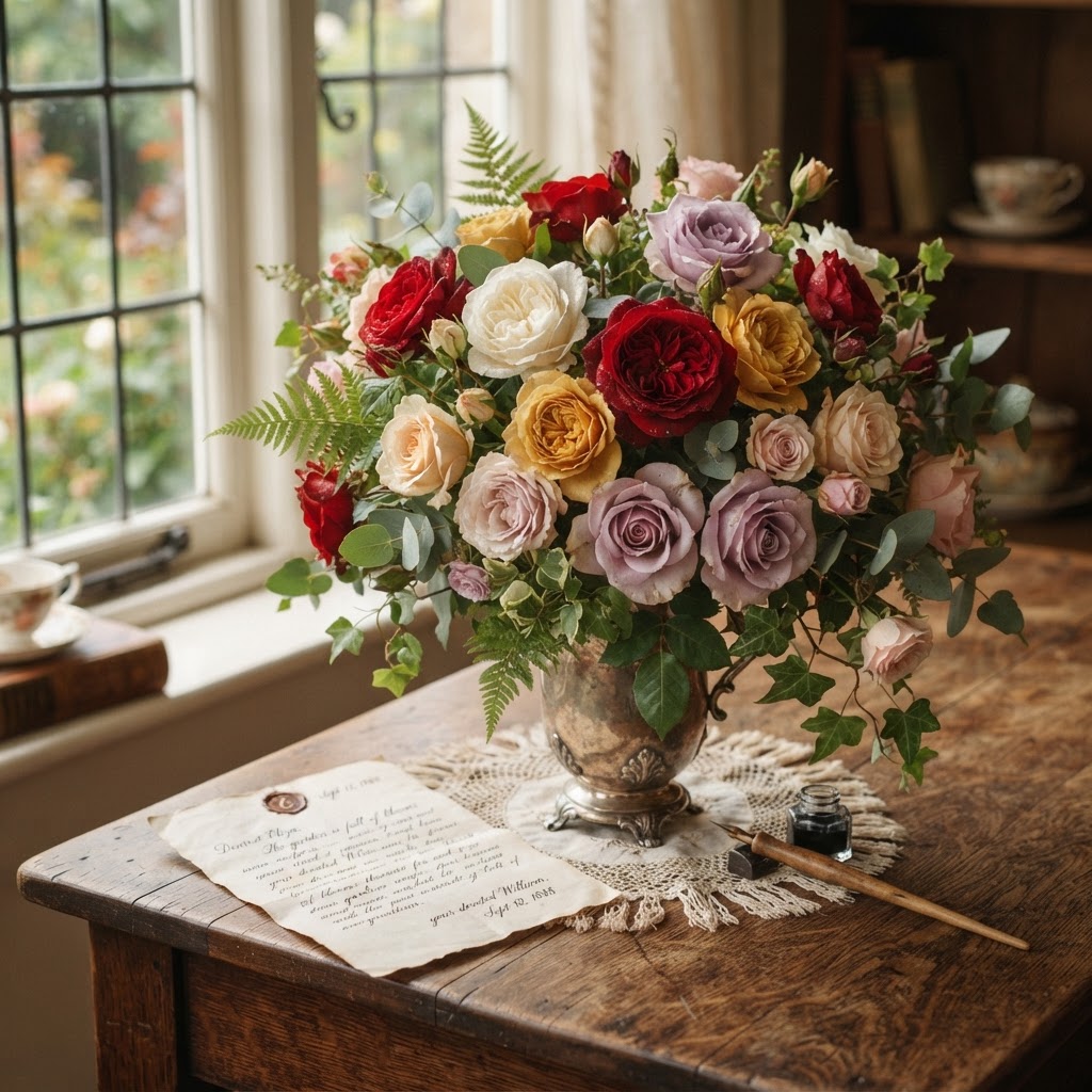 Photo of a vintage bouquet of mixed-color roses — red, white, yellow, pink, and lavender — beside a handwritten letter on a wooden table