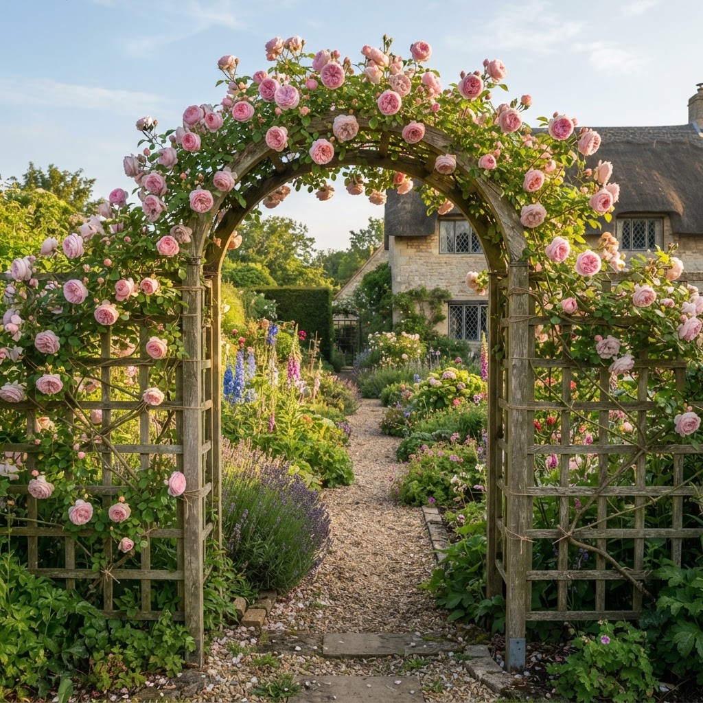 A soft pink climbing rose trained over a wooden garden arch and trellis, its canes fanned across the structure in morning light