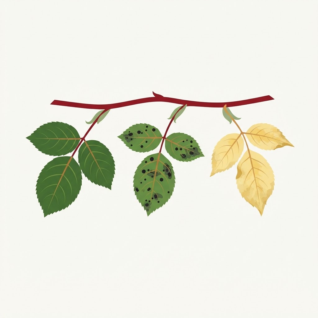 Illustration comparing a healthy leaf, a black-spotted leaf, and a yellow leaf