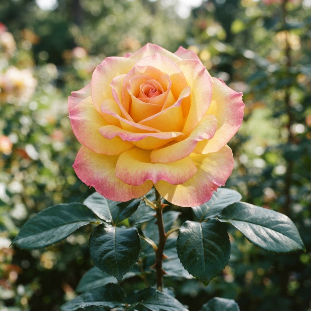 Photo of a large Peace hybrid tea rose bloom, canary yellow petals edged and blushed with rose pink, on glossy dark green foliage