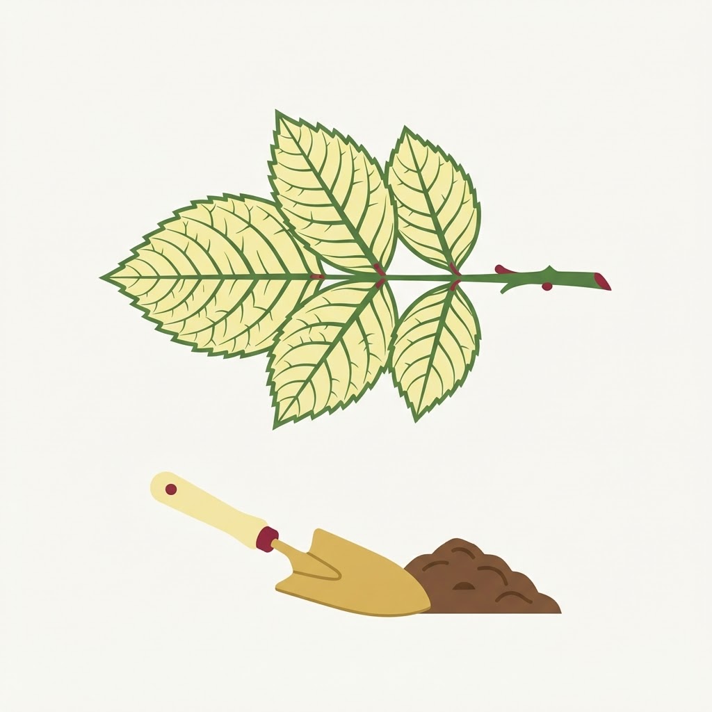 Illustration of a rose leaf pale yellow between sharp green veins