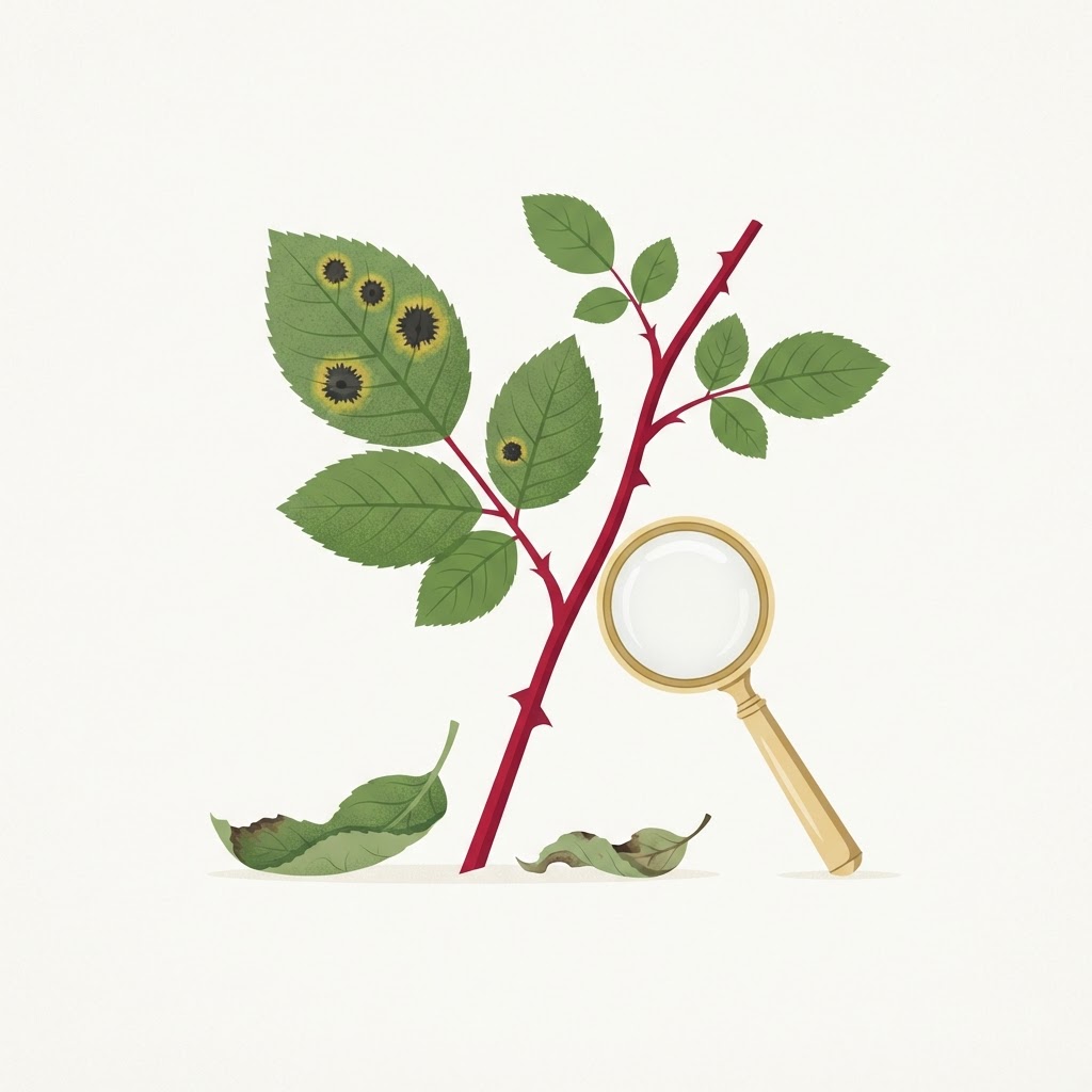Illustration of a rose leaf with fringed black spots and yellowing tissue