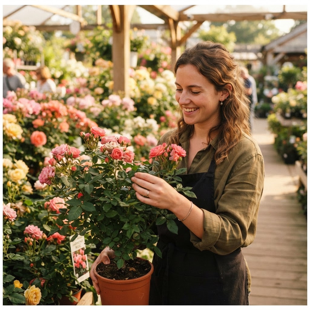 A beginner gardener holding a healthy potted rose bush while choosing among blooming roses at a sunlit plant nursery