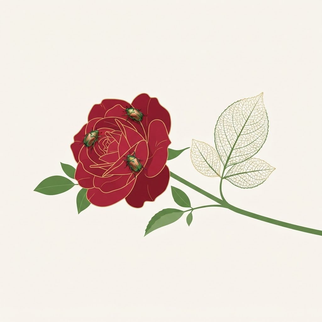 Illustration of metallic Japanese beetles on a rose bloom beside a skeletonized leaf