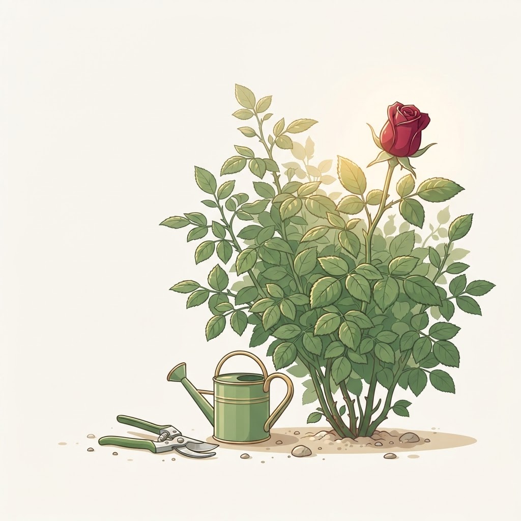 Illustration of a leafy rose bush with one closed bud, pruners, and a watering can
