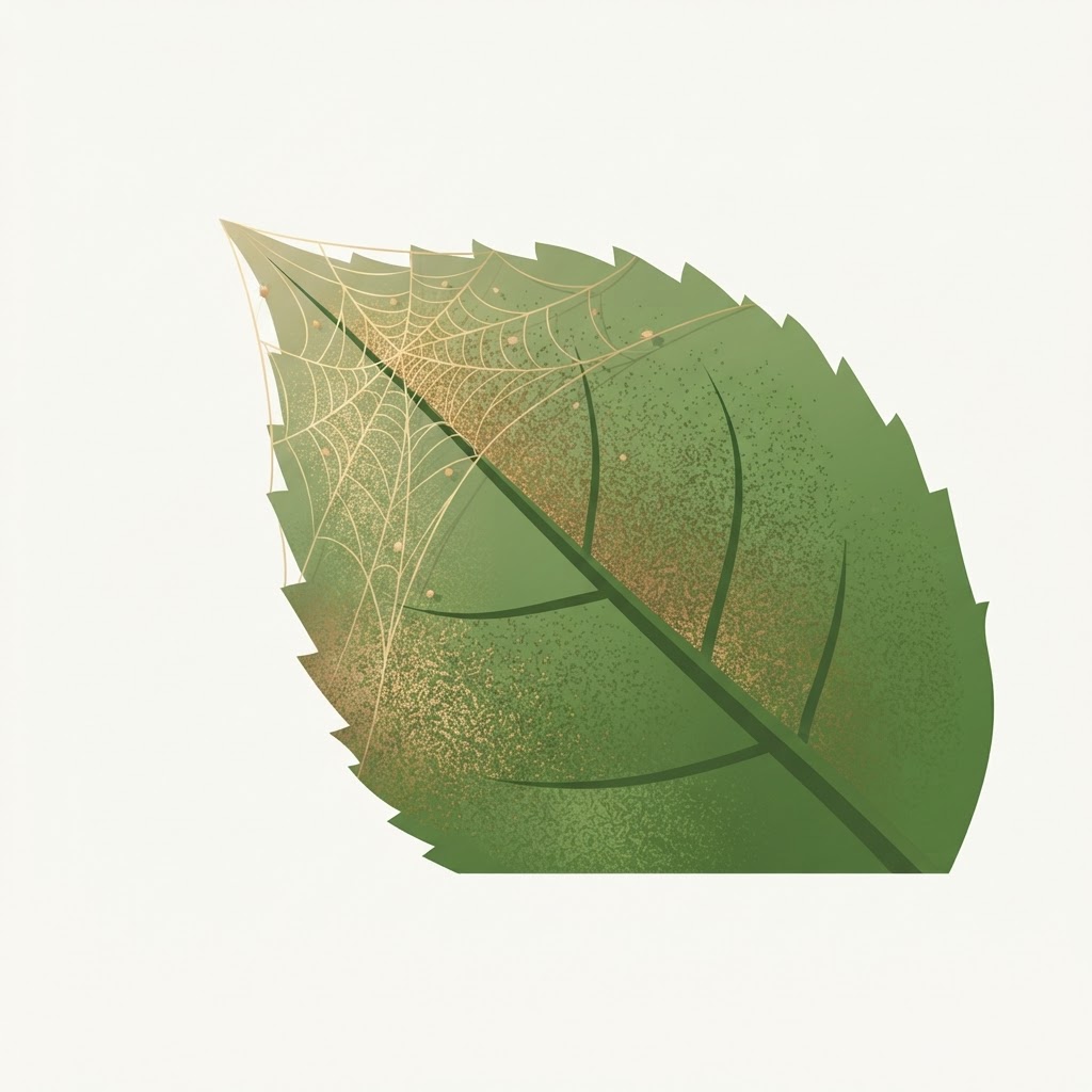 Illustration of a bronzed rose leaf with fine webbing and spider mites