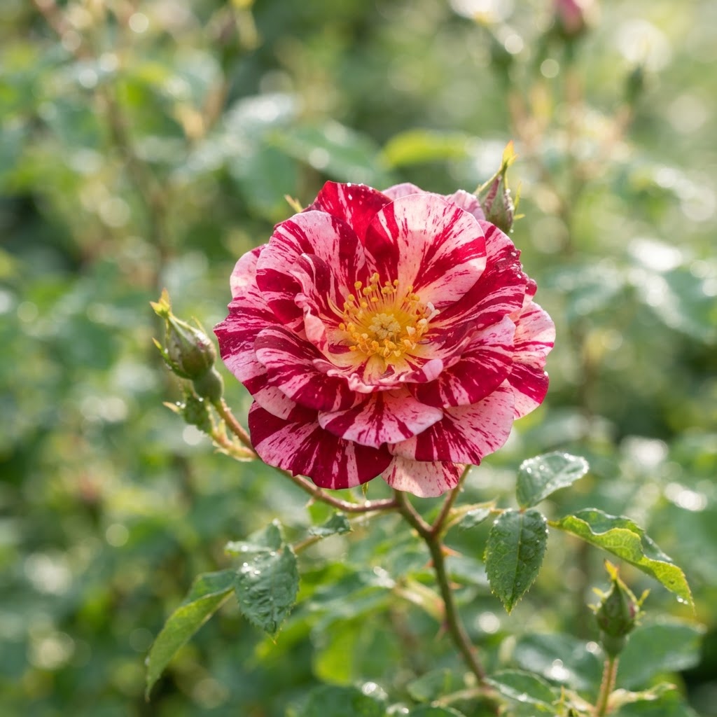Photo of a striped Rosa Mundi rose bloom with deep crimson and blush pink pinwheel stripes radiating from its center