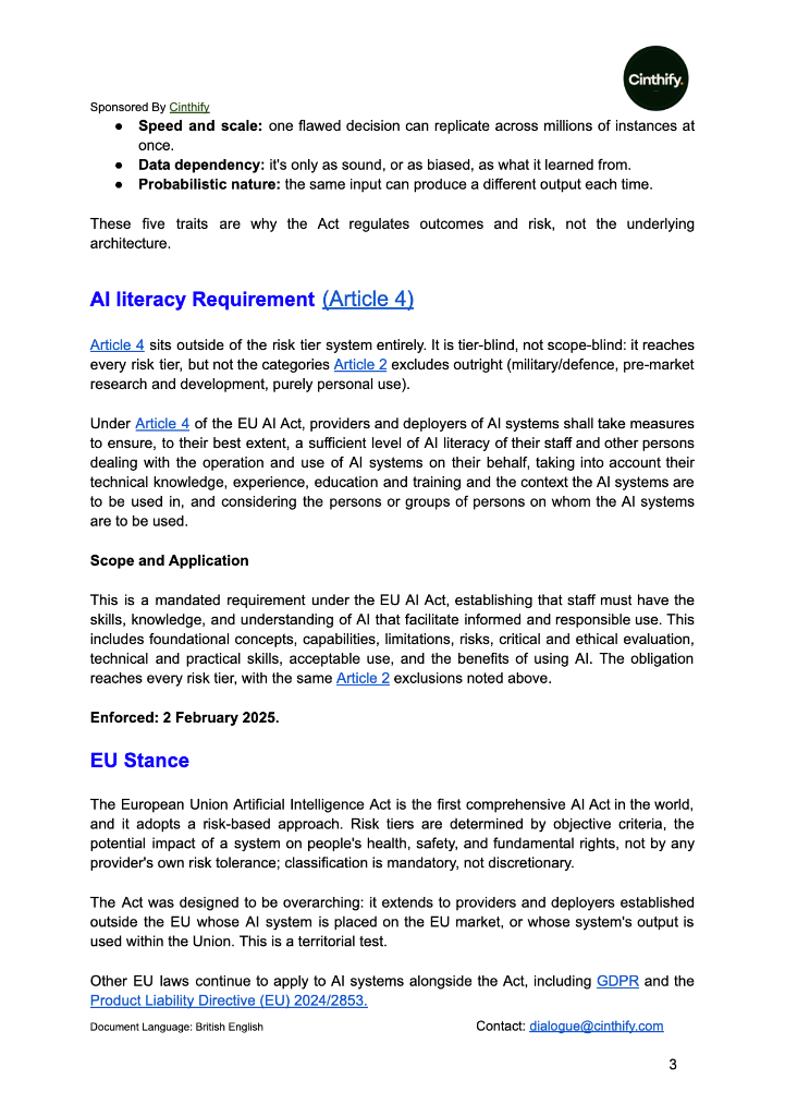 DAIG session notes page covering the Article 4 AI literacy requirement and EU stance on risk-based regulation