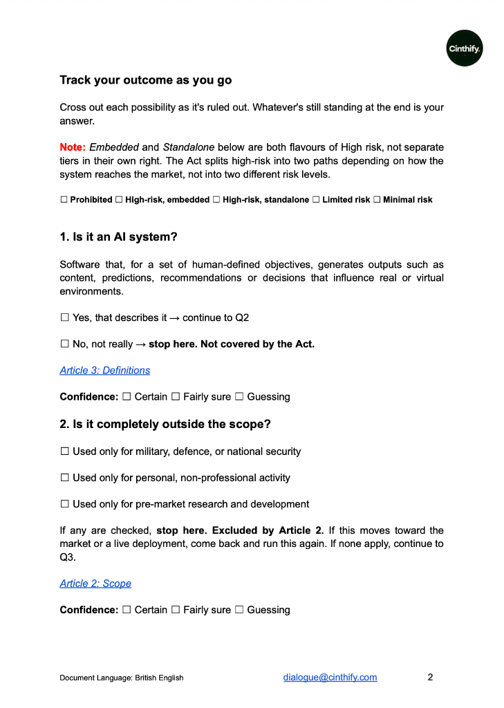 Page from the DAIG classification worksheet guiding attendees through each risk tier question