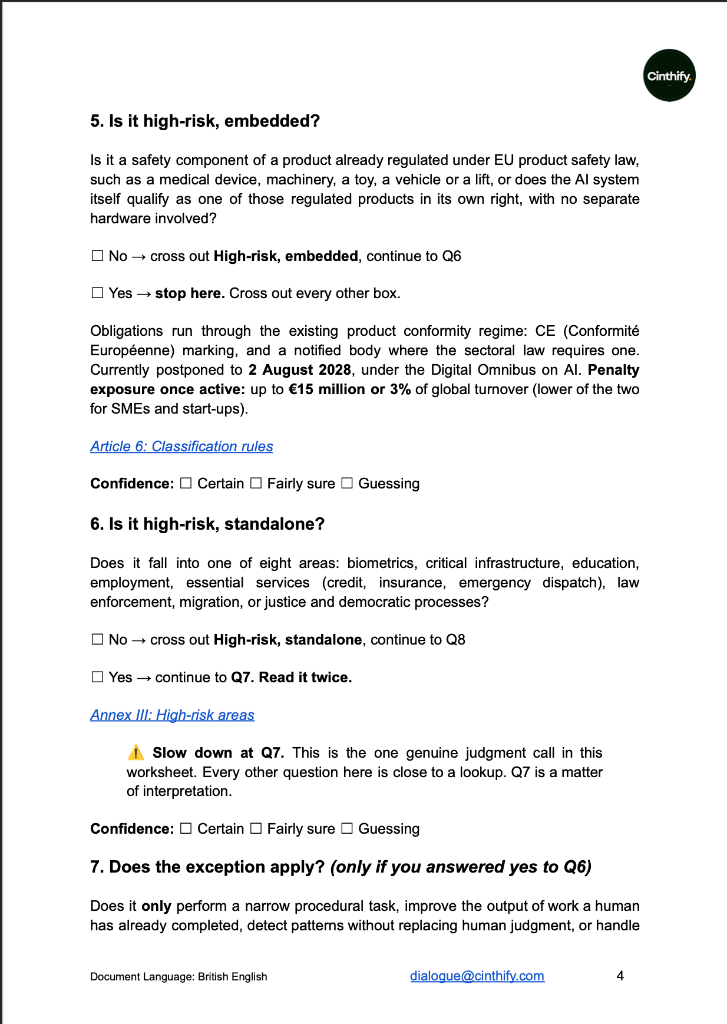 Page from the DAIG classification worksheet on identifying high-risk embedded and standalone AI systems