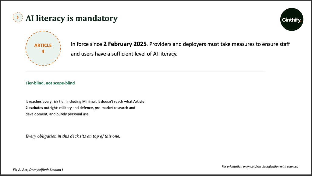 DAIG briefing slide explaining that AI literacy is mandatory under Article 4 of the EU AI Act