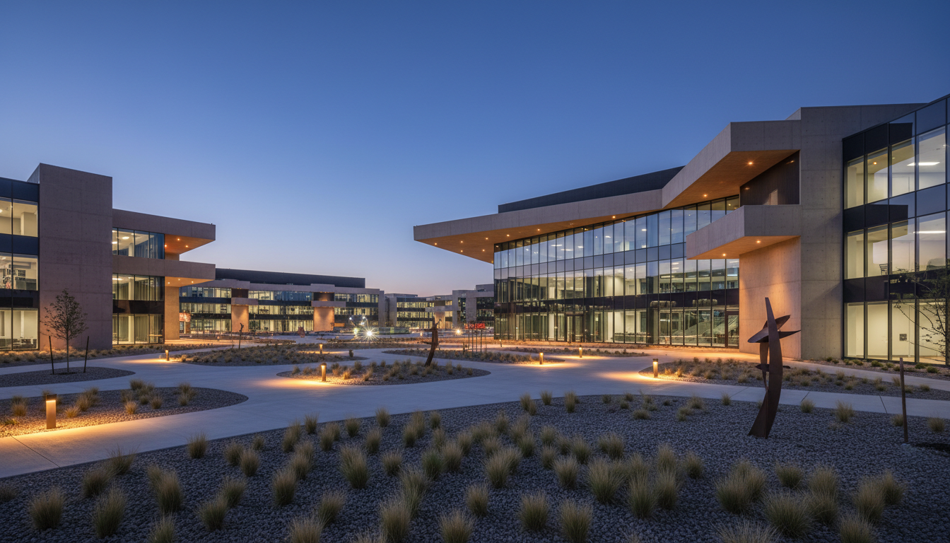 Modern corporate campus secured by Sentinel Neural AI surveillance system