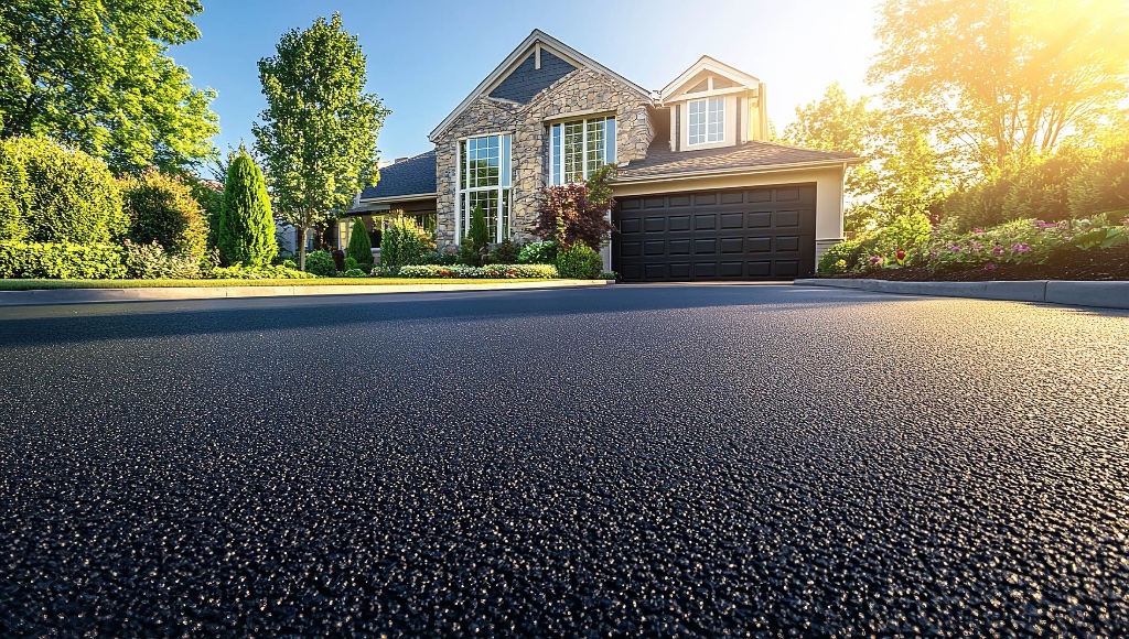 A modern Delaware house with a freshly sealed driveway pavement