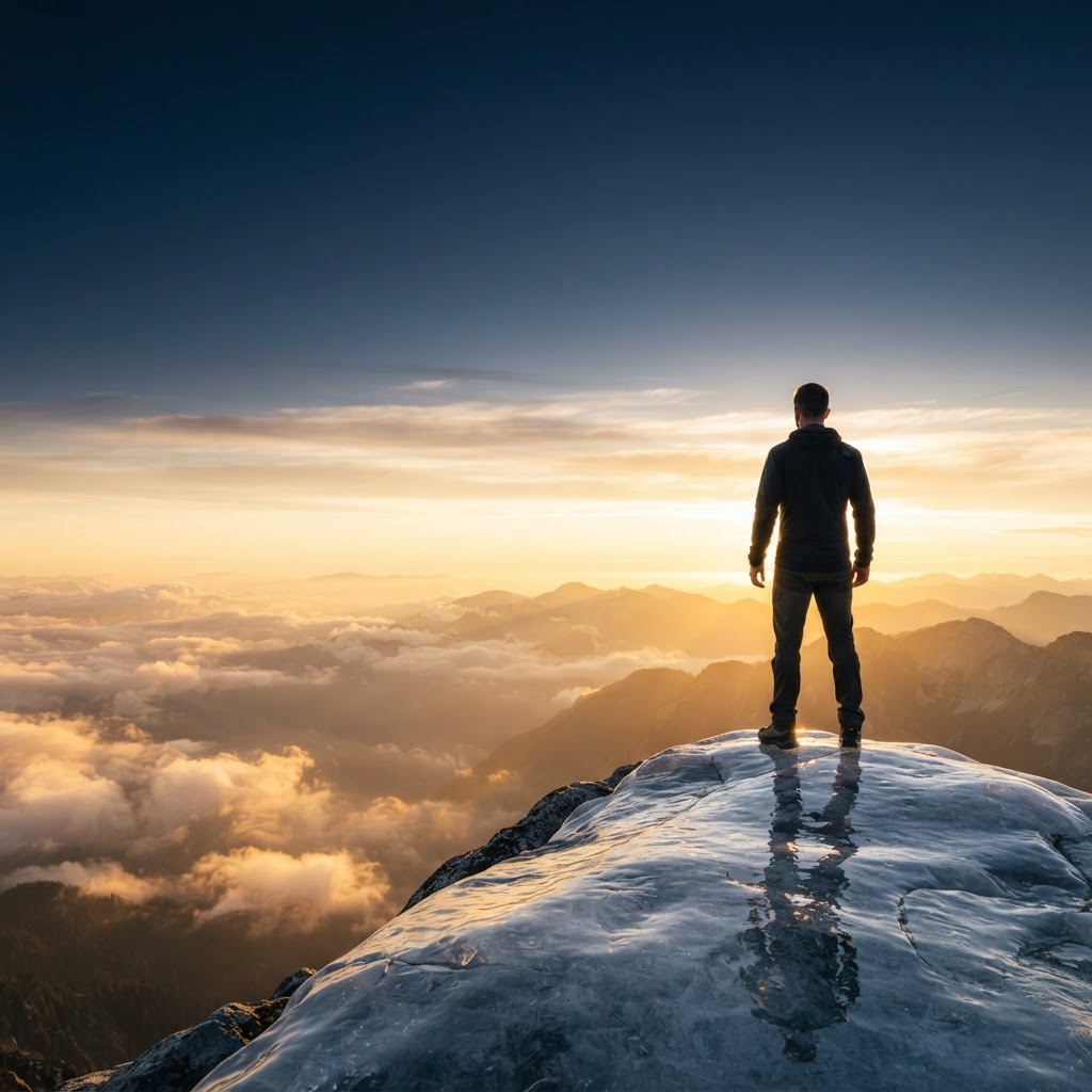 A figure standing on a luminous summit at golden hour