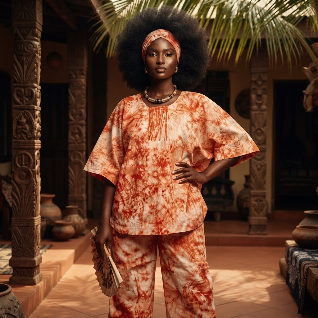 Adire Two Piece African Agbada Set: Handmade Tie Dye Top & Trousers